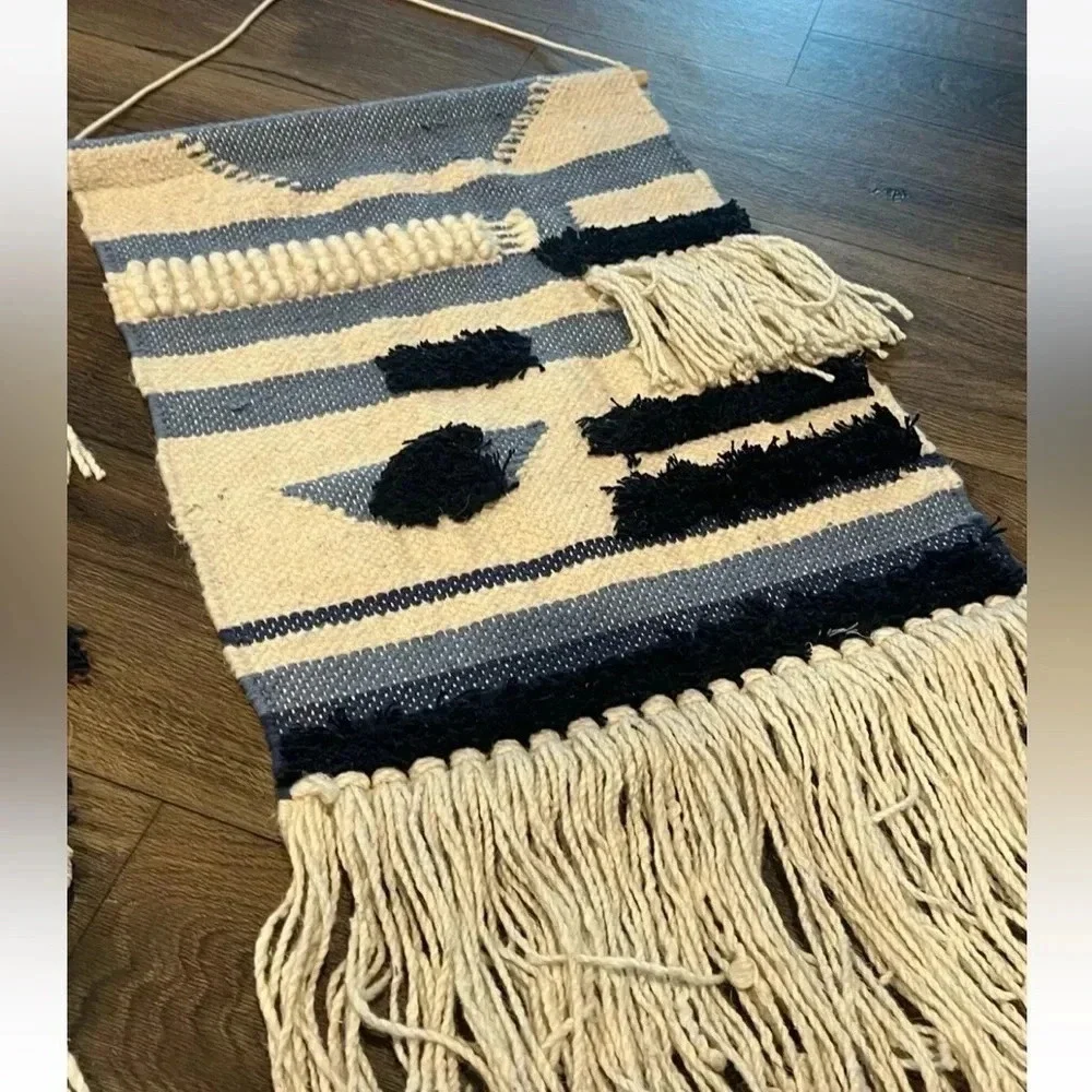 Handmade Woven Blue & Cream Wall Hanging Tapestries Complete With Fringe 32”x18”